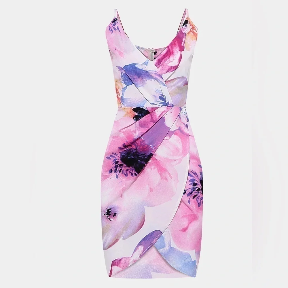 NLW Tropical Floral Mini Dress Womens Medium Faux Wrap Vacation Beach Fairy